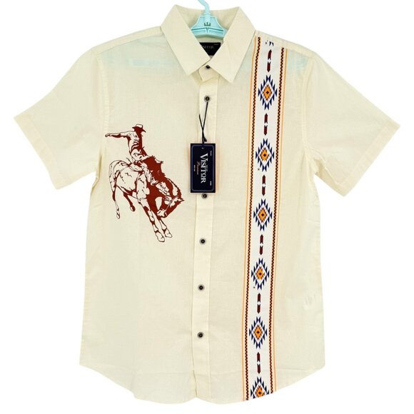 Visitor Premium Men's Short Sleeve Sand Western Rodeo Aztec Shirt Sz Medium NWT - Picture 1 of 11